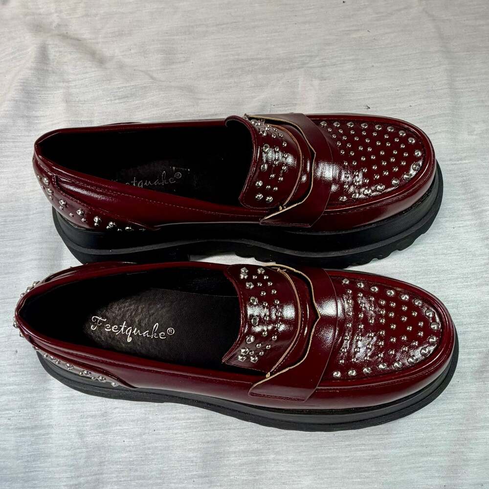 Feetquake Burgundy Studded Chunky Platform Loafers - Picture 3 of 8